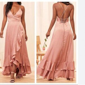 LULUS IN LOVE FOREVER ROSE PINK SATIN LACE-UP HIGH LOW RUFFLE FORMAL DRESS - S